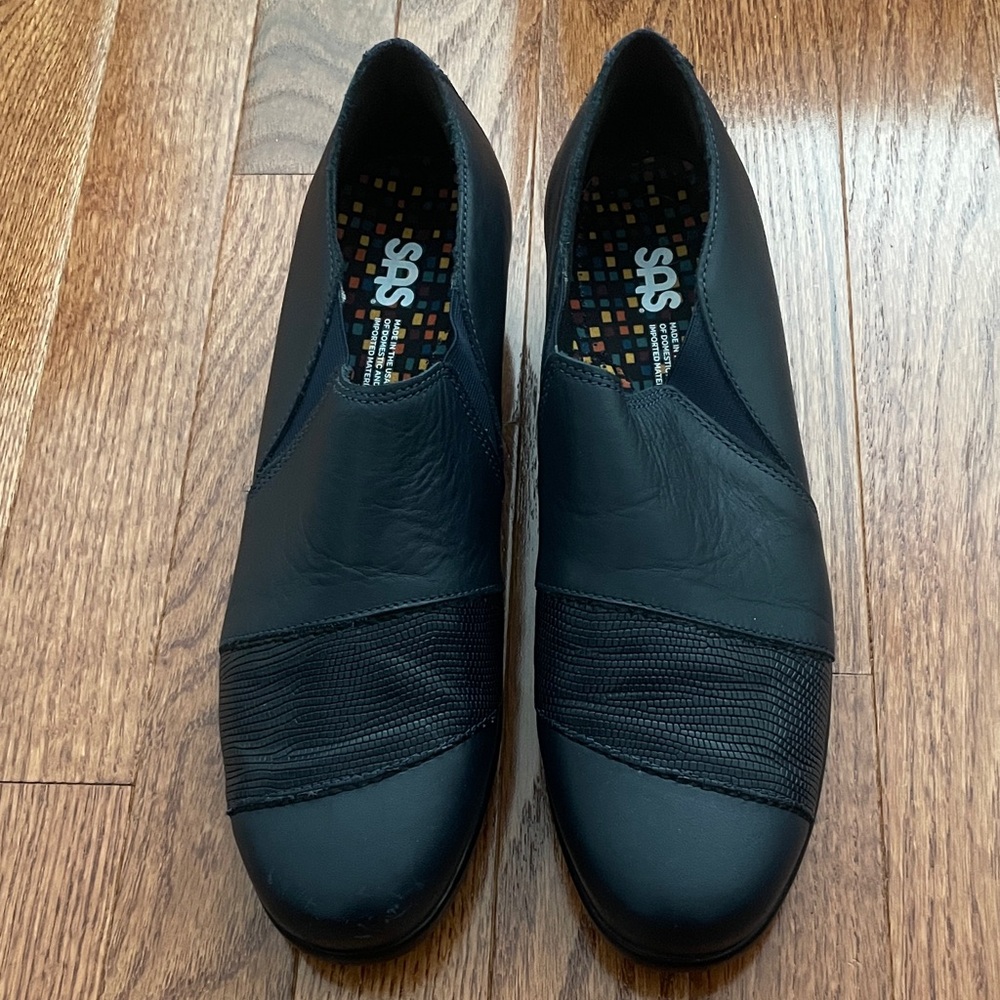 SAS Navy Leather Slip-On Flats